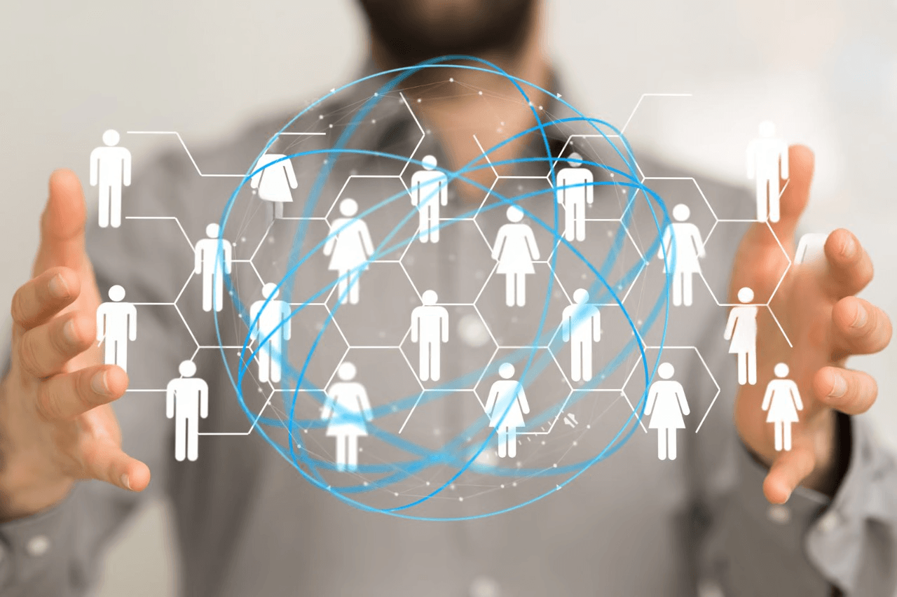 Digital network with connected people icons.