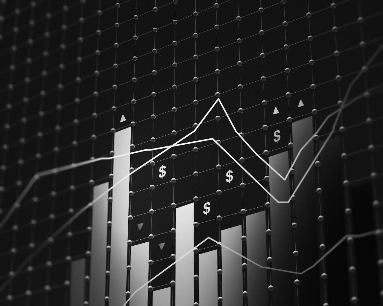 Black and white financial bar and line graph