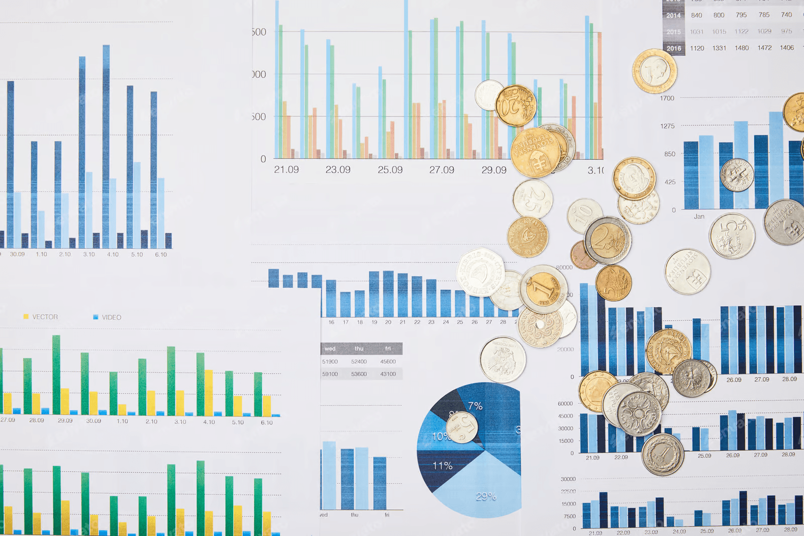 Graphs with coins, financial data analysis concept.